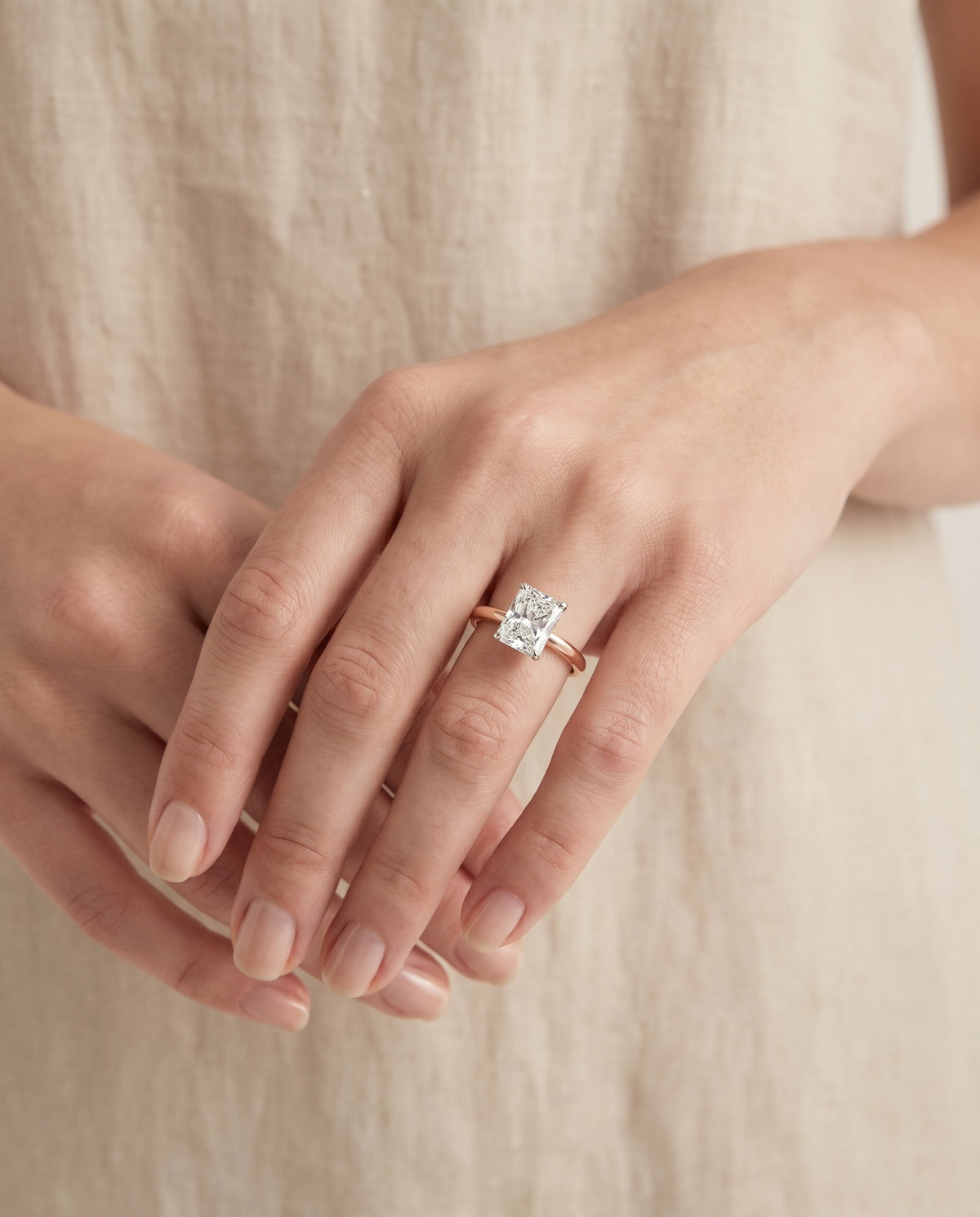 The Floria Comfort Fit Claw Prong Solitaire Radiant Cut Engagement Ring Setting in 14K Rose Gold