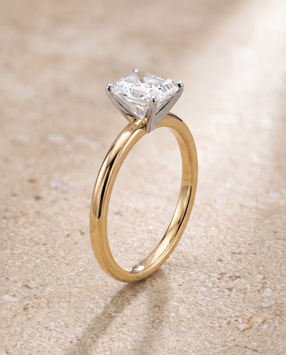 The Floria Comfort Fit Claw Prong Solitaire Radiant Cut Engagement Ring Setting in 18K Yellow Gold