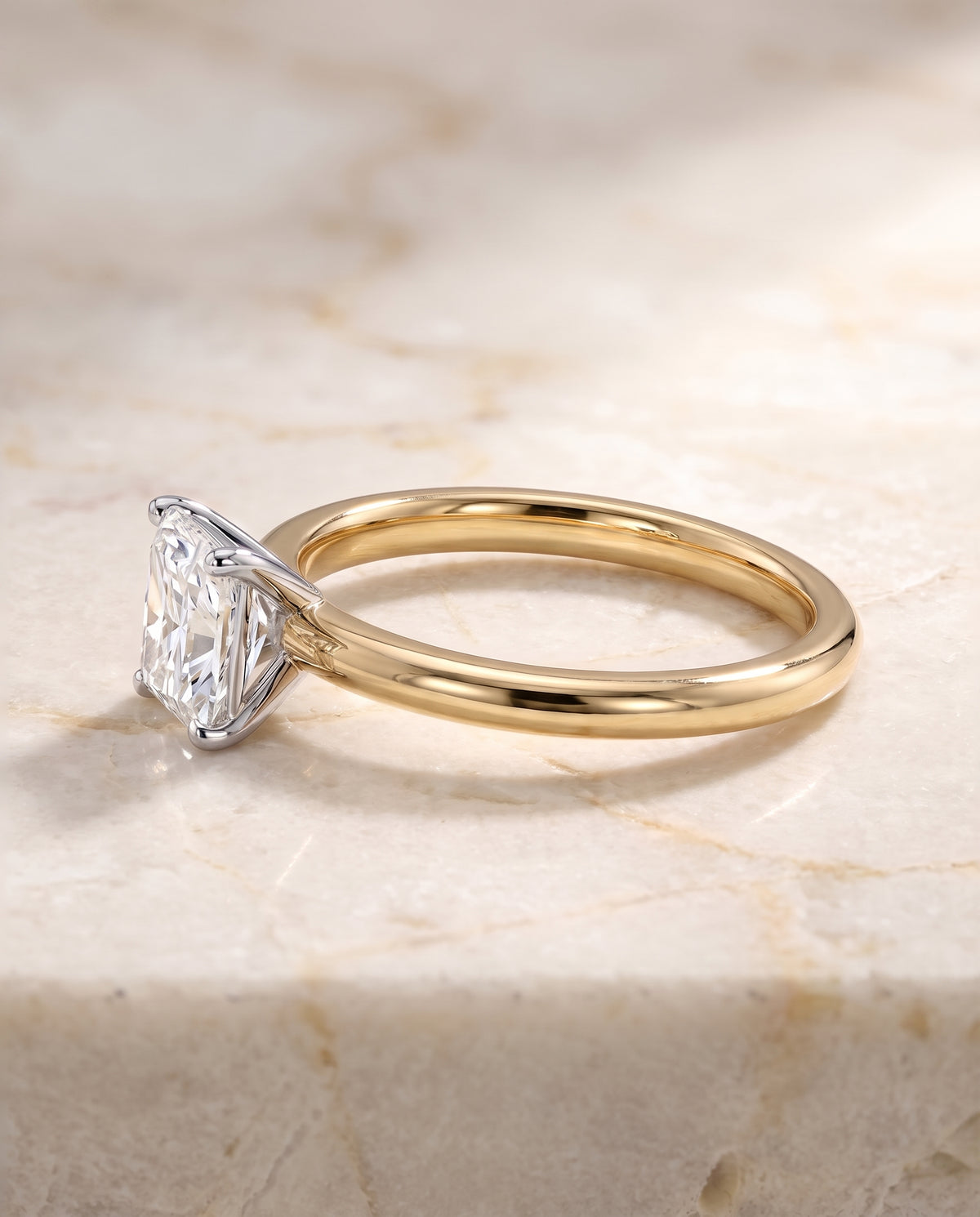 The Floria Comfort Fit Claw Prong Solitaire Radiant Cut Engagement Ring Setting in 18K Yellow Gold