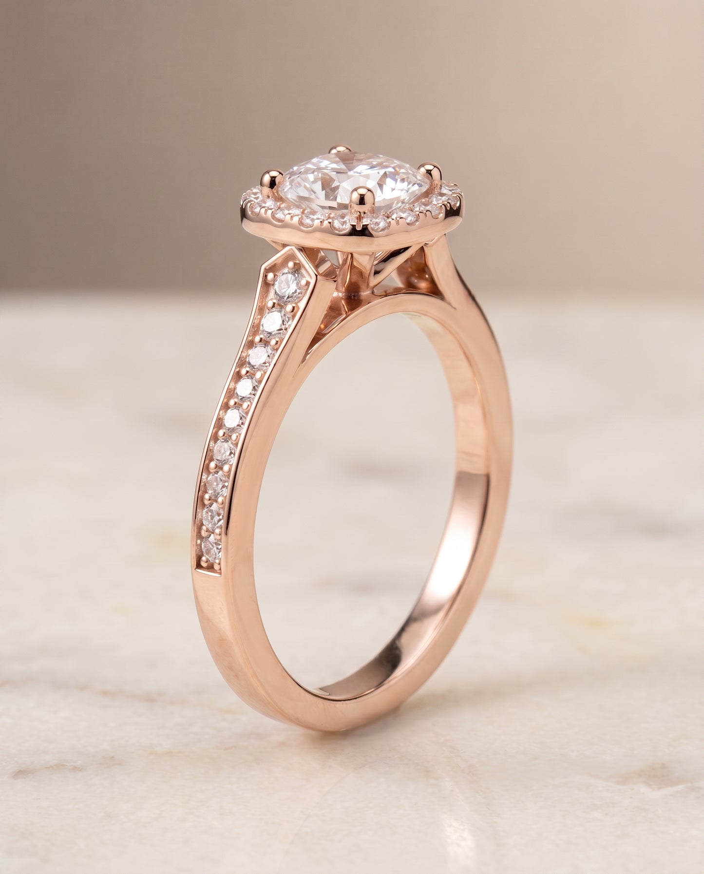 The Genesis Channel Pavé Halo Cushion Cut Engagement Ring Setting in 14K Rose Gold