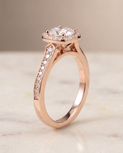 The Genesis Channel Pavé Halo Cushion Cut Engagement Ring Setting in 14K Rose Gold