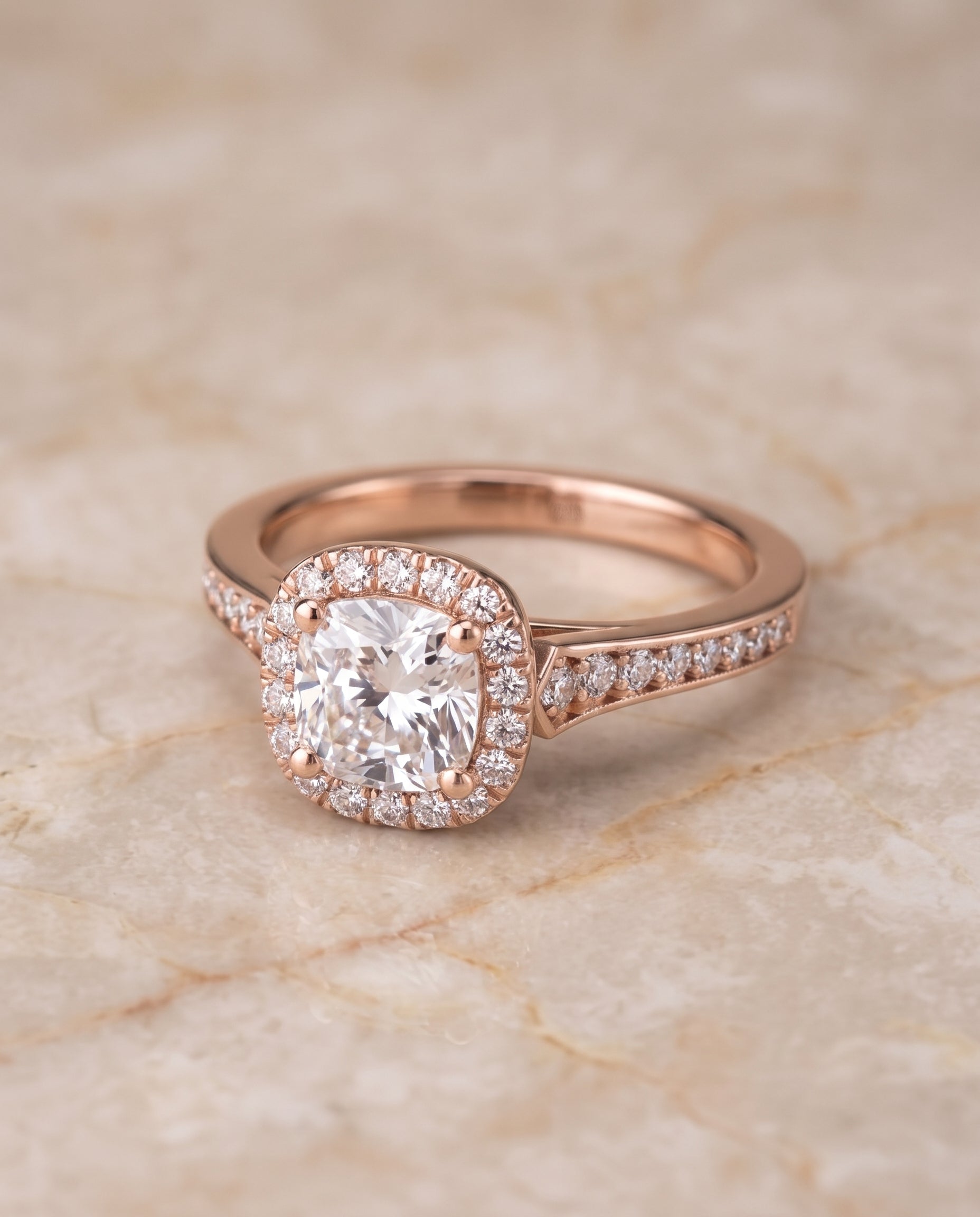 The Genesis Channel Pavé Halo Cushion Cut Engagement Ring Setting in 14K Rose Gold