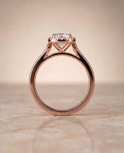 The Genesis Channel Pavé Halo Cushion Cut Engagement Ring Setting in 14K Rose Gold