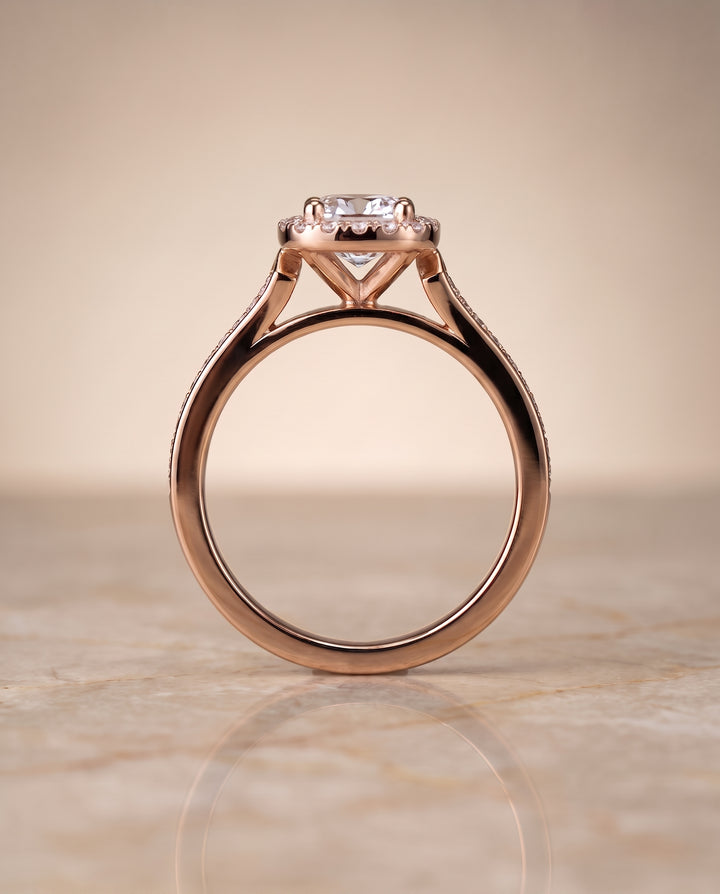 The Genesis Channel Pavé Halo Cushion Cut Engagement Ring Setting in 14K Rose Gold