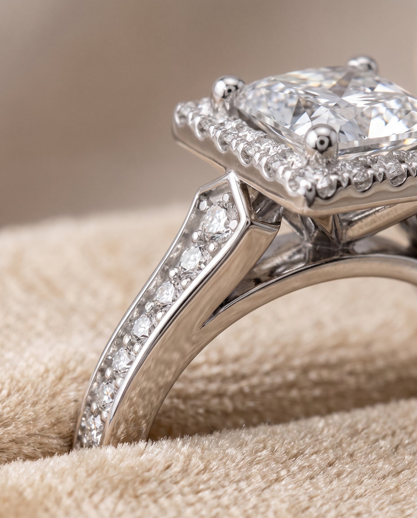 The Genesis Channel Pavé Halo Princess Cut Engagement Ring Setting in Platinum