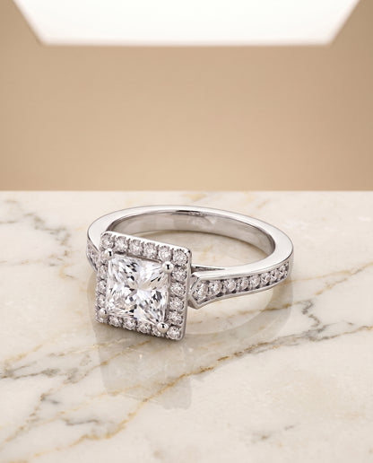 The Genesis Channel Pavé Halo Princess Cut Engagement Ring Setting in Platinum