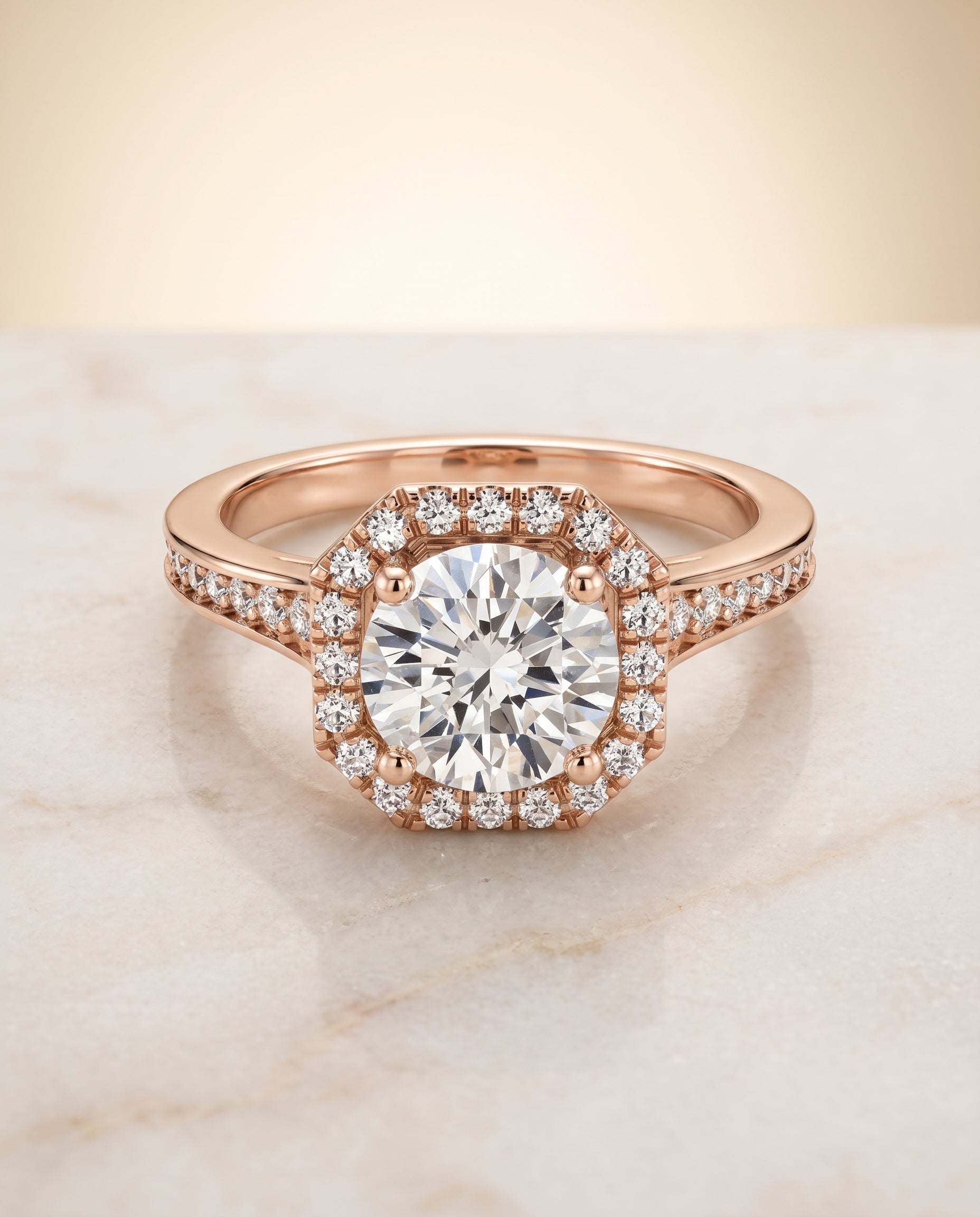 The Genesis Channel Pavé Halo Round Engagement Ring Setting in 14K Rose Gold