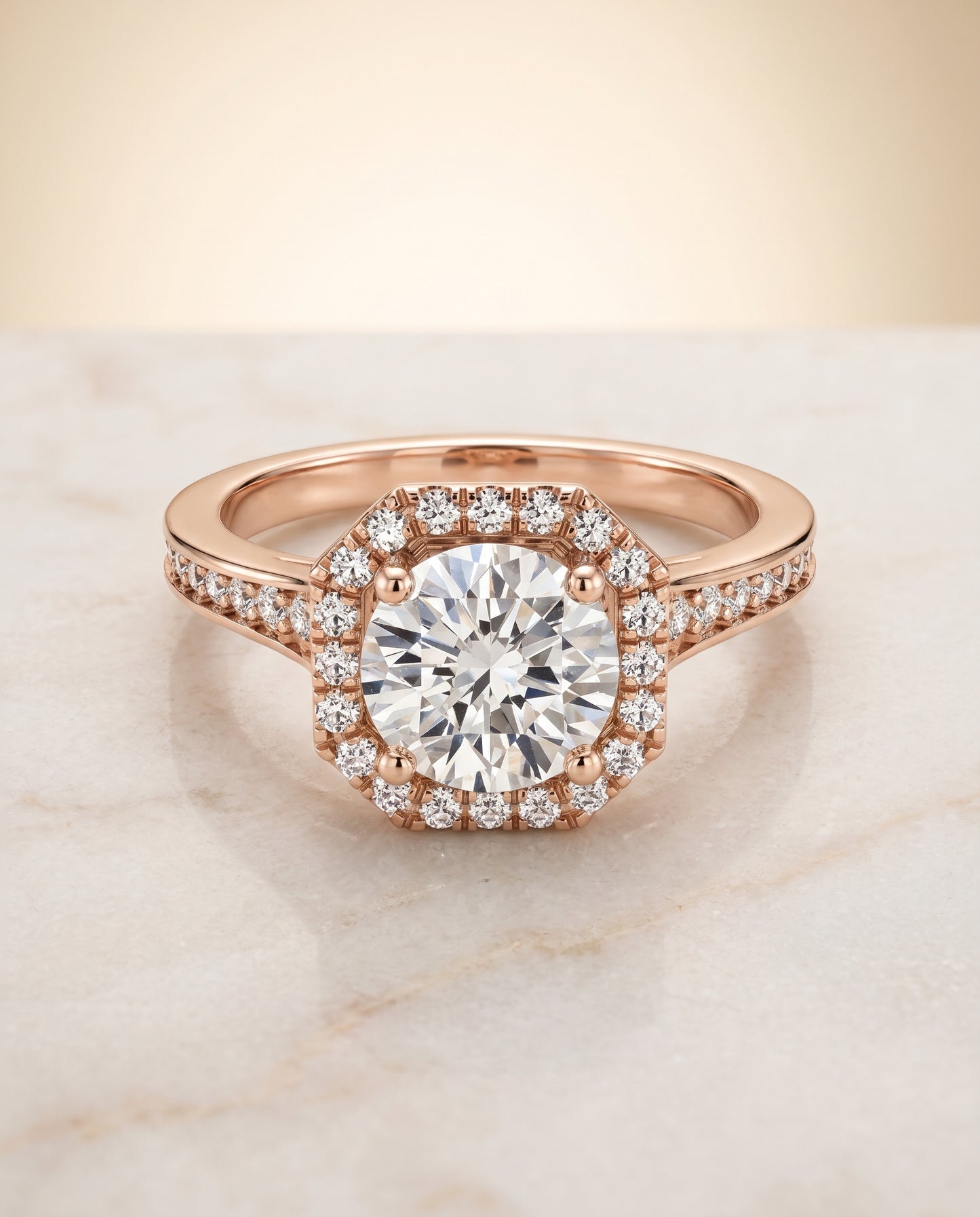 The Genesis Channel Pavé Halo Round Engagement Ring Setting in 14K Rose Gold
