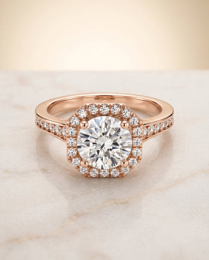The Genesis Channel Pavé Halo Round Engagement Ring Setting in 14K Rose Gold