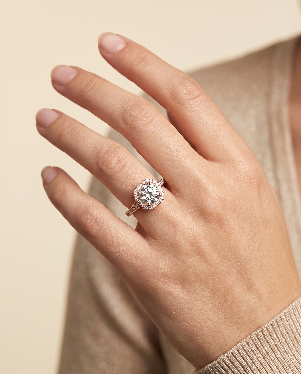 The Genesis engagement ring setting in 14K Rose Gold, channel pavé halo design | RockHer