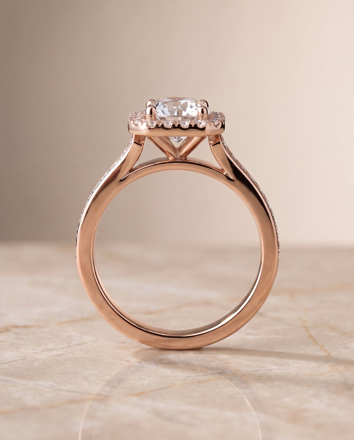 The Genesis Channel Pavé Halo Round Engagement Ring Setting in 14K Rose Gold