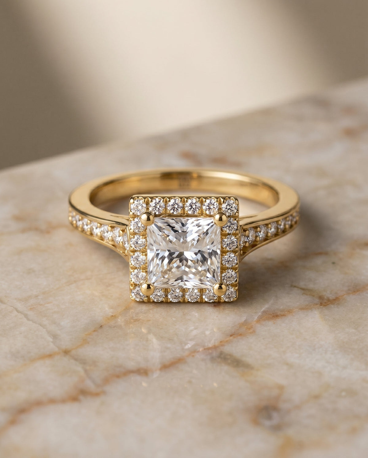 Genesis Select Halo Princess Cut Lab Diamond Engagement Ring in 18K Yellow Gold, shown on hand, angled | RockHer