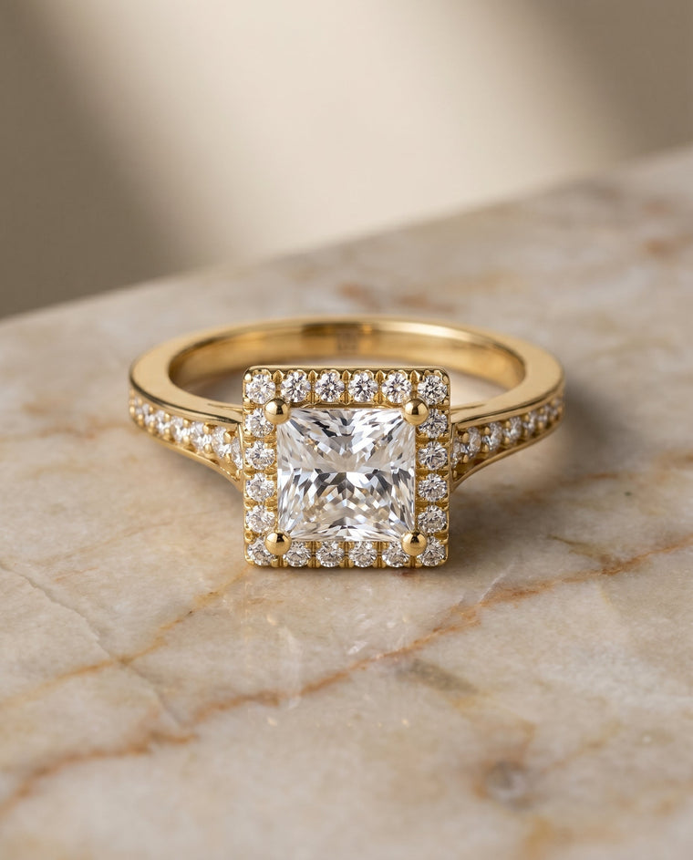 The Genesis Select Halo Princess Cut Lab Diamond Engagement Ring in 18K Yellow Gold