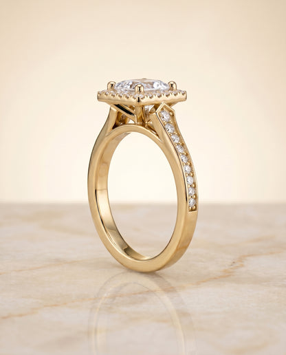 The Genesis Channel Pavé Halo Princess Cut Engagement Ring Setting in 18K Yellow Gold