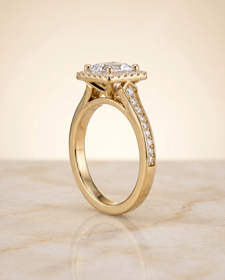 The Genesis Channel Pavé Halo Princess Cut Engagement Ring Setting in 18K Yellow Gold