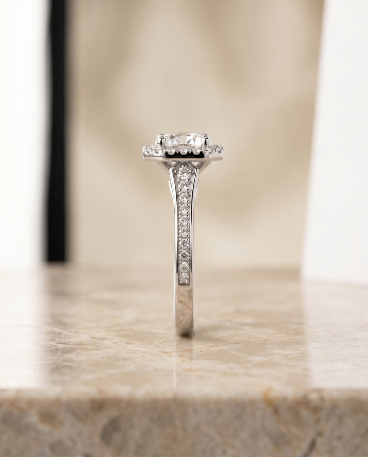 The Genesis Channel Pavé Halo Round Engagement Ring Setting in Platinum