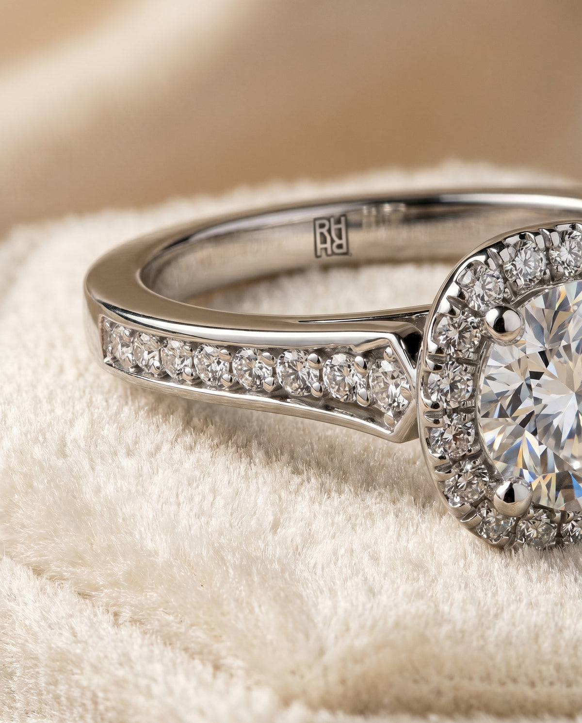 Genesis Select Halo Cushion Cut Lab Diamond Engagement Ring in 18K White Gold, detail view | RockHer