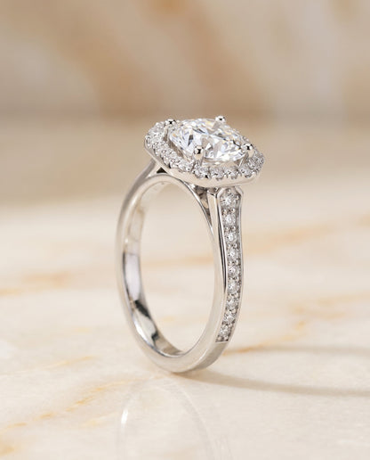 Genesis Select Halo Cushion Cut Lab Diamond Engagement Ring in 18K White Gold, front view | RockHer