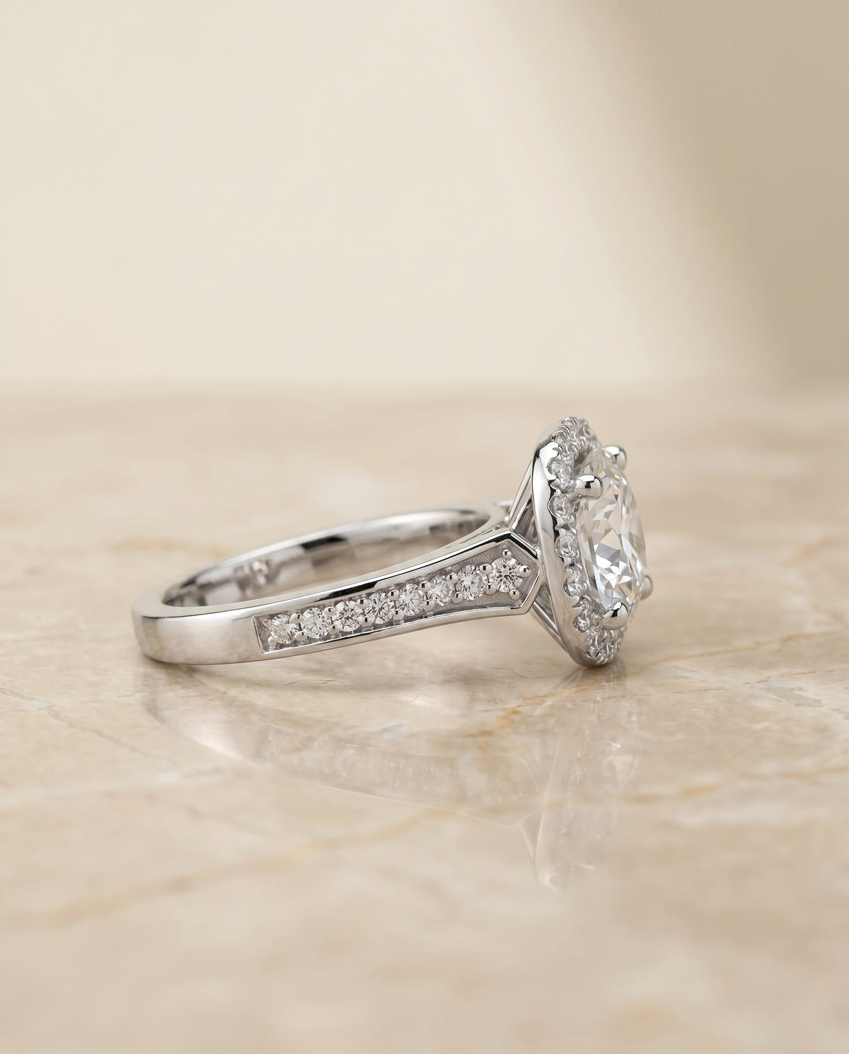 Genesis Select Halo Cushion Cut Lab Diamond Engagement Ring in 18K White Gold, side view | RockHer