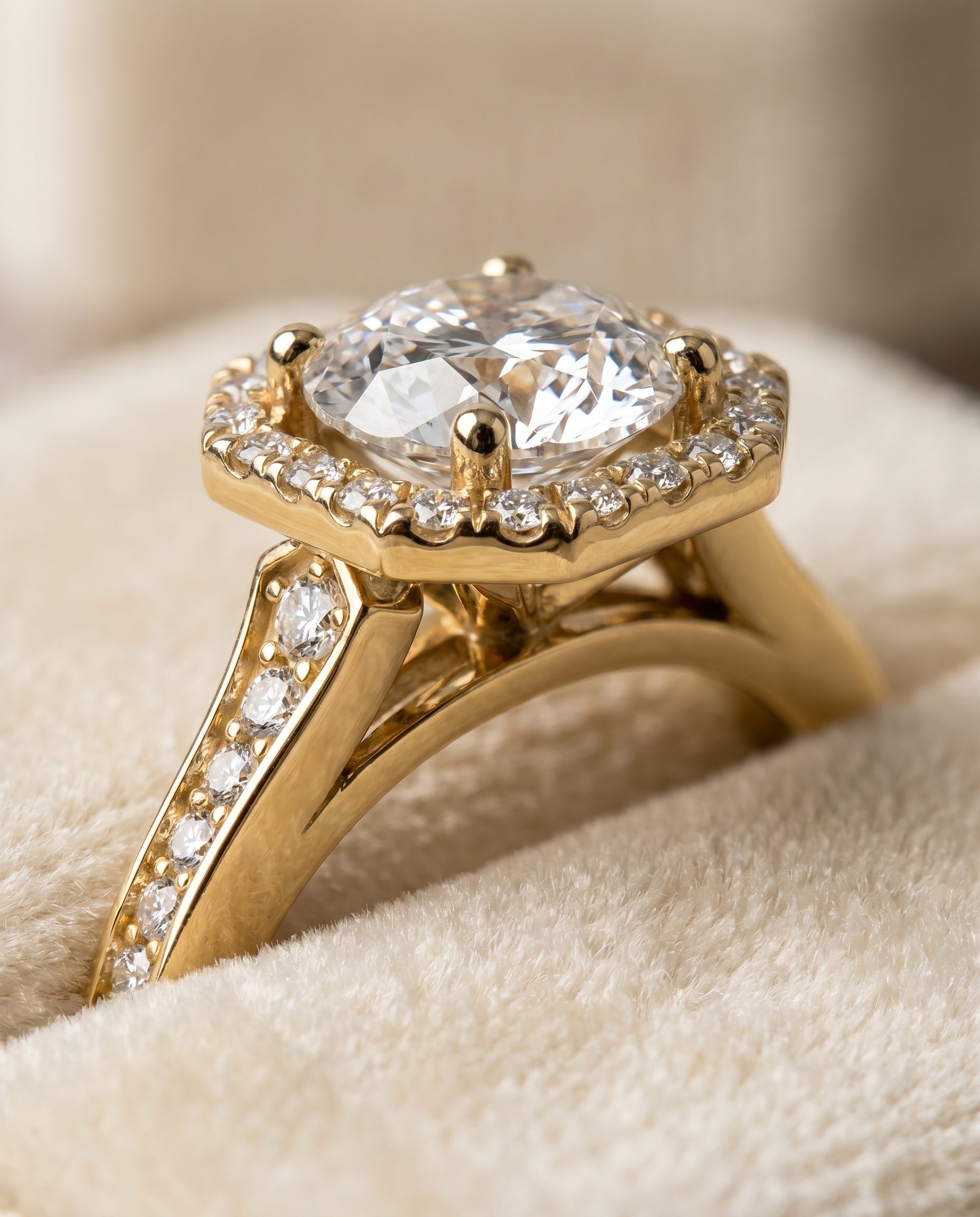 Genesis Select Halo Round Lab Diamond Engagement Ring in 18K Yellow Gold, detail view | RockHer
