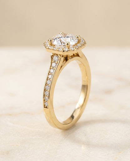 The Genesis Channel Pavé Halo Round Engagement Ring Setting in 18K Yellow Gold