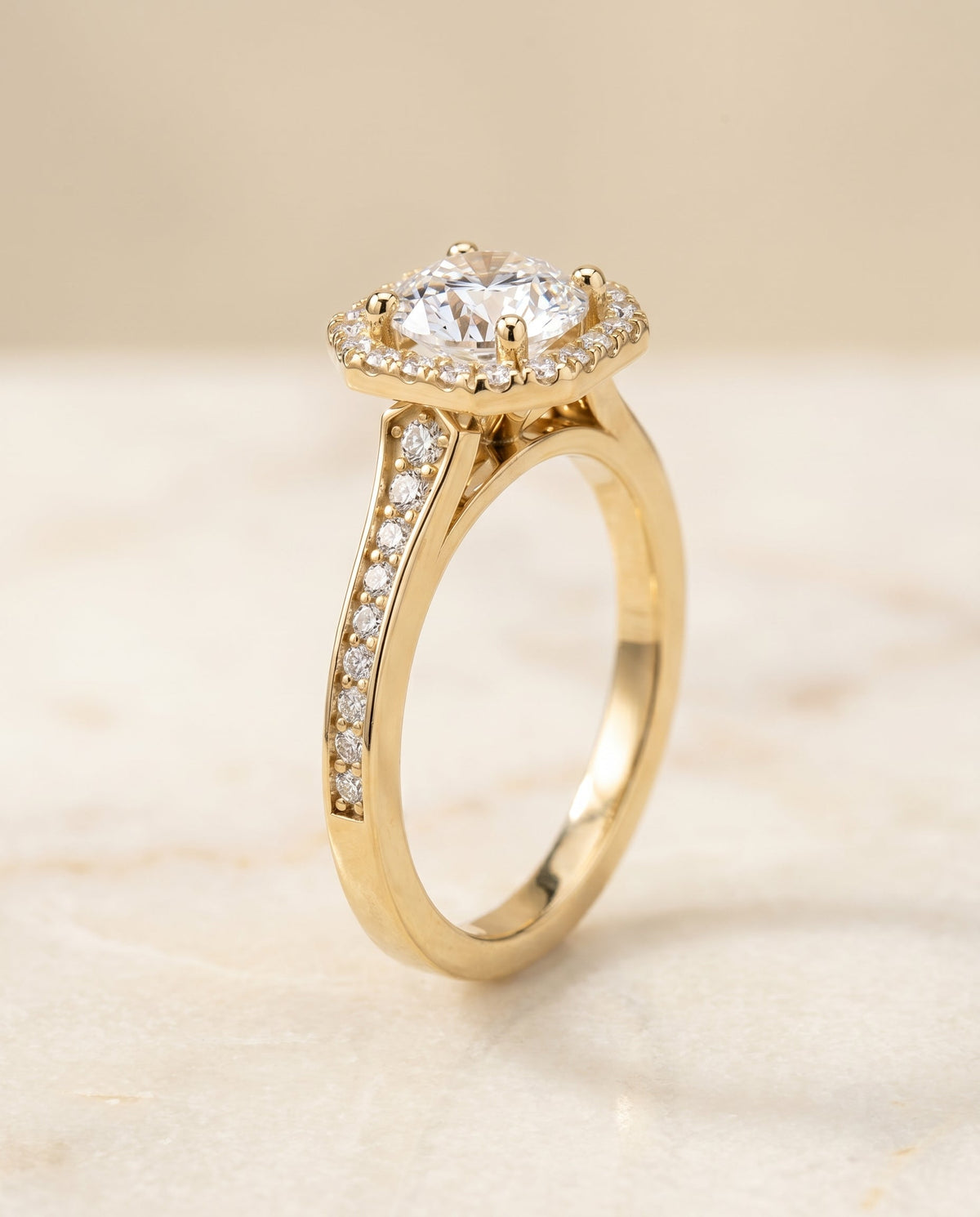 Genesis Select Halo Round Lab Diamond Engagement Ring in 18K Yellow Gold, front view | RockHer