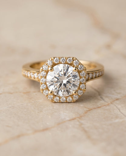 The Genesis Channel Pavé Halo Round Engagement Ring Setting in 18K Yellow Gold