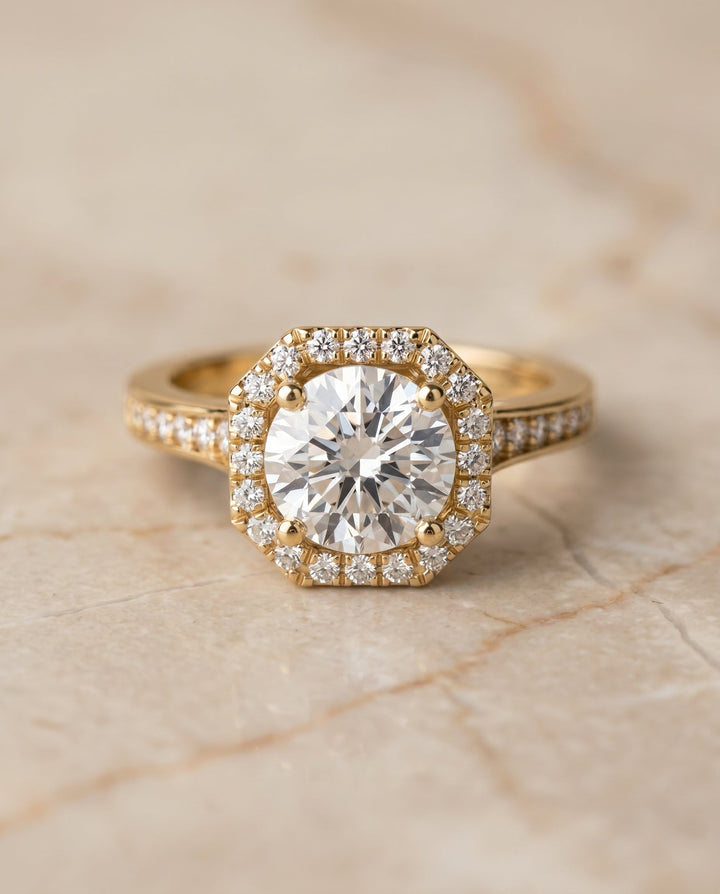 Genesis Select Halo Round Lab Diamond Engagement Ring in 18K Yellow Gold, shown on hand, angled | RockHer