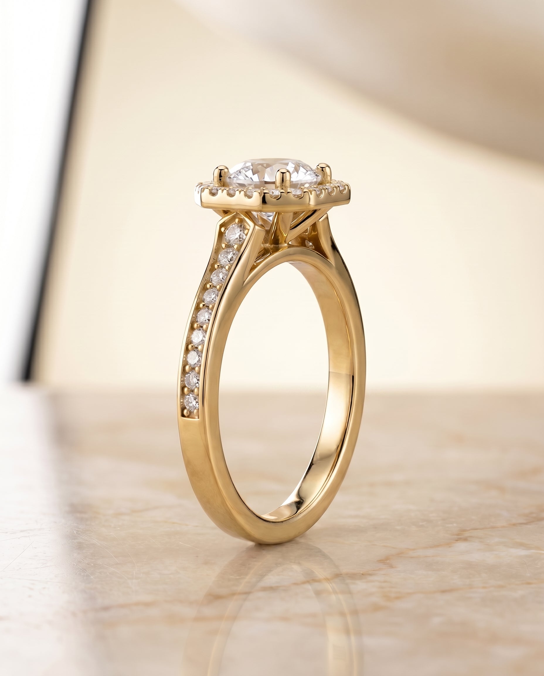 Genesis Select Halo Round Lab Diamond Engagement Ring in 18K Yellow Gold, side view | RockHer