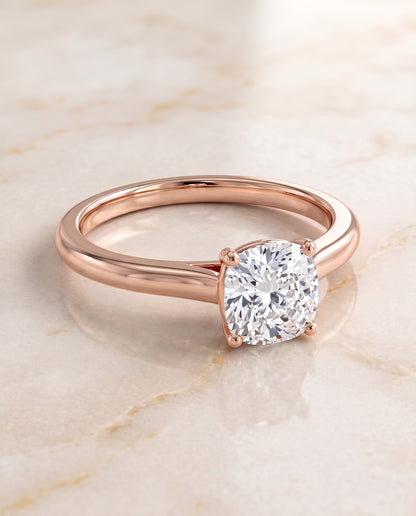 The Gladys Pinched Cathedral Solitaire Cushion Cut Engagement Ring Setting in 14K Rose Gold