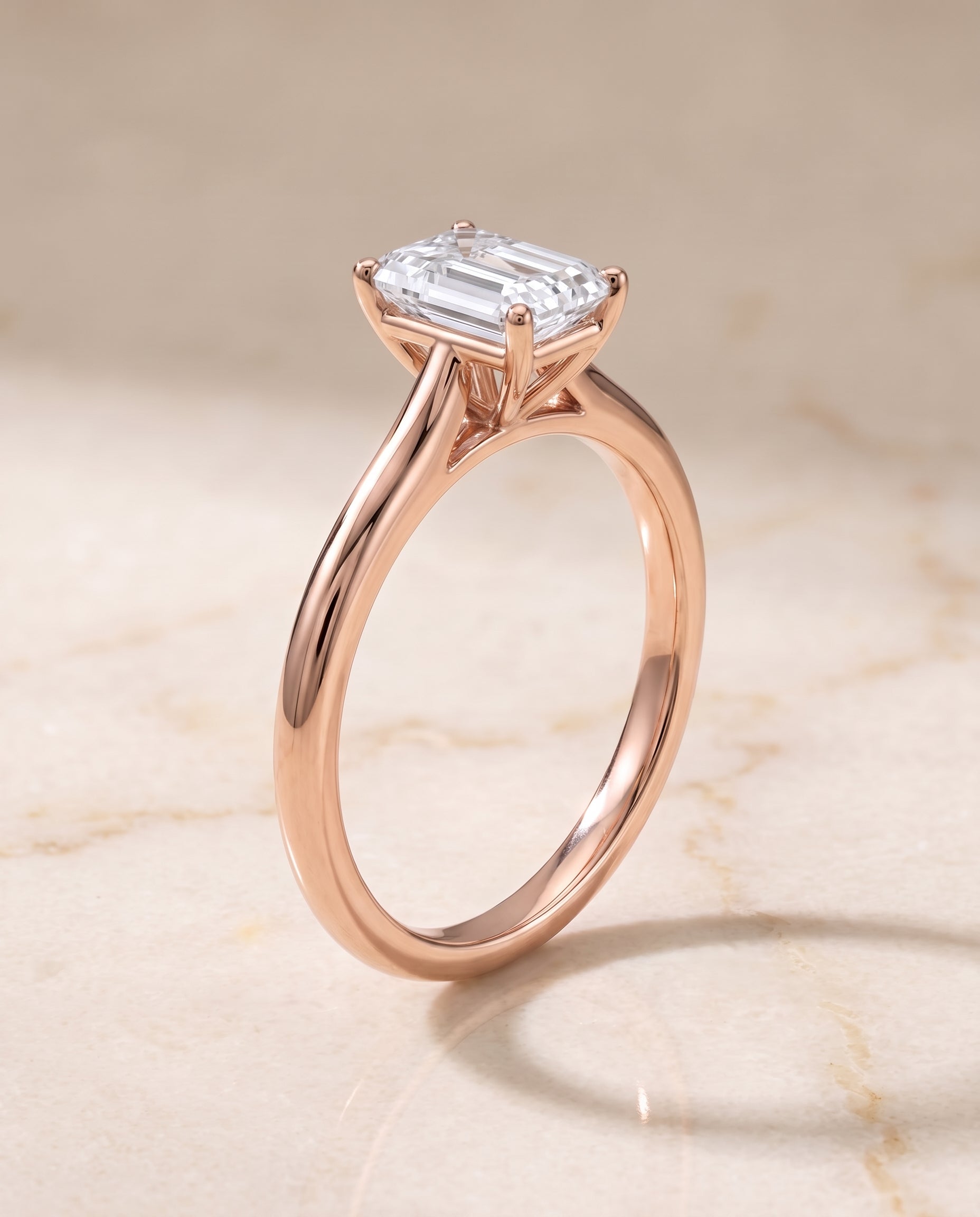 The Gladys Pinched Cathedral Solitaire Emerald Cut Engagement Ring Setting in 14K Rose Gold