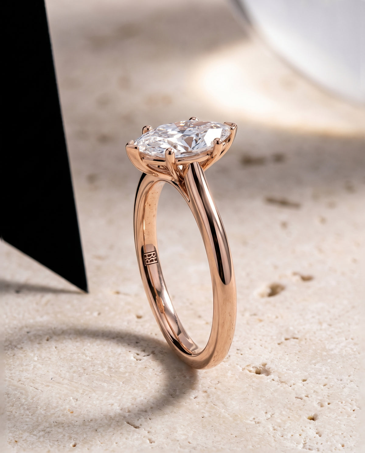 The Gladys Pinched Cathedral Solitaire Marquise Engagement Ring Setting in 14K Rose Gold