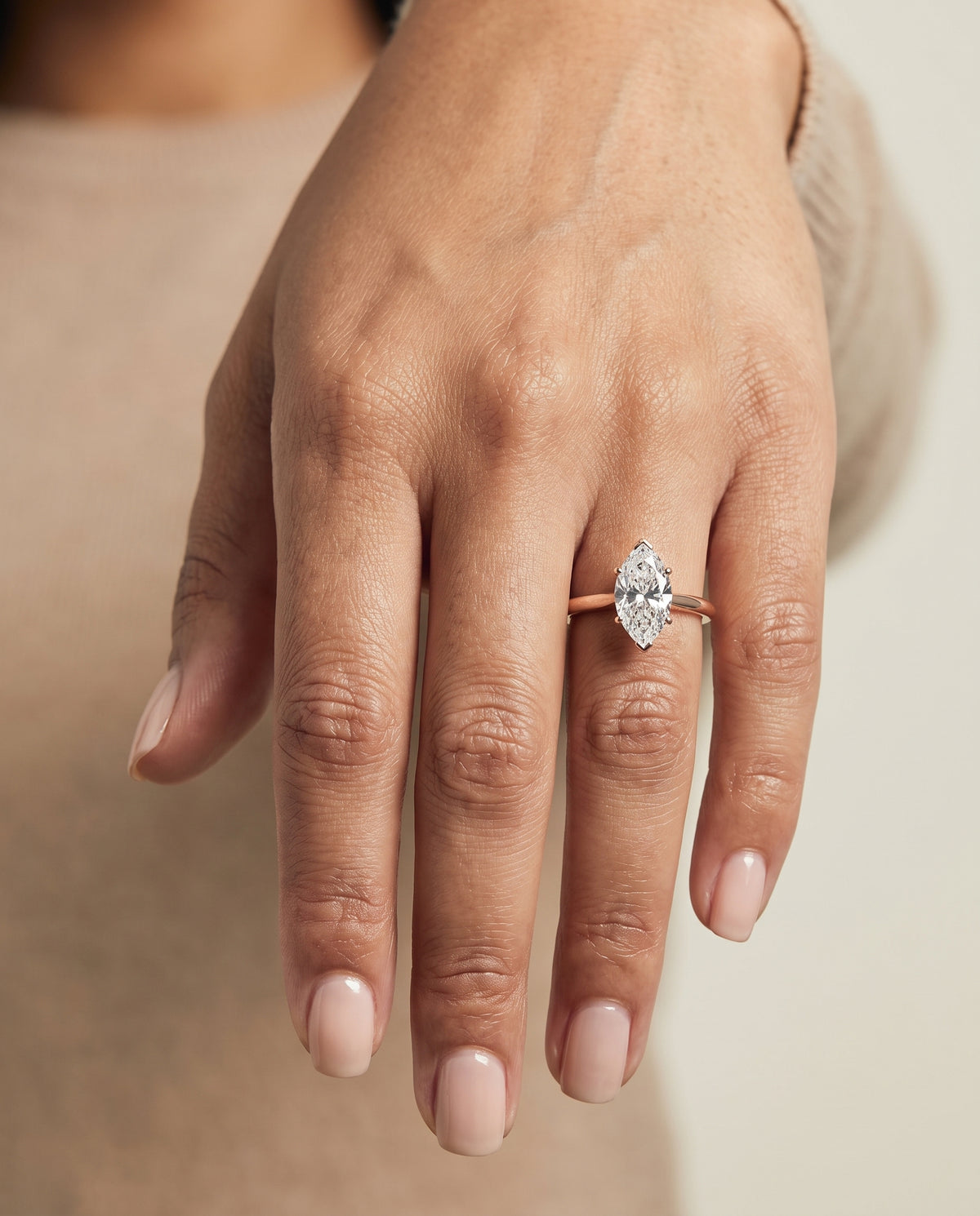 The Gladys Pinched Cathedral Solitaire Marquise Engagement Ring Setting in 14K Rose Gold