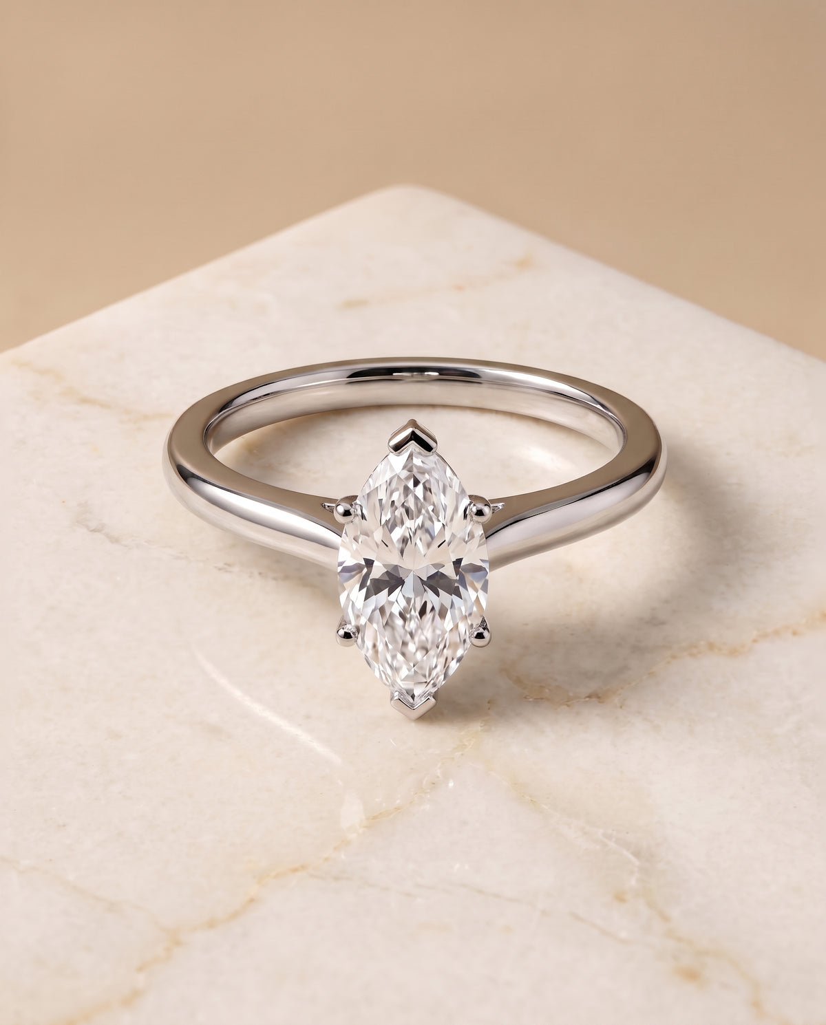 The Gladys Pinched Cathedral Solitaire Marquise Engagement Ring Setting in Platinum