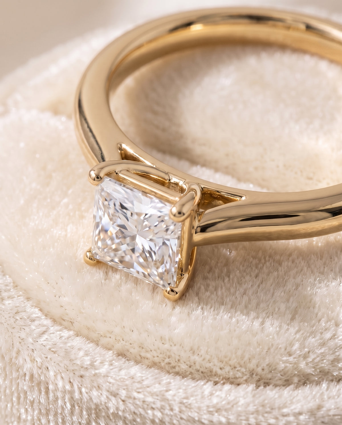 The Gladys Pinched Cathedral Solitaire Princess Cut Engagement Ring Setting in 18K Yellow Gold