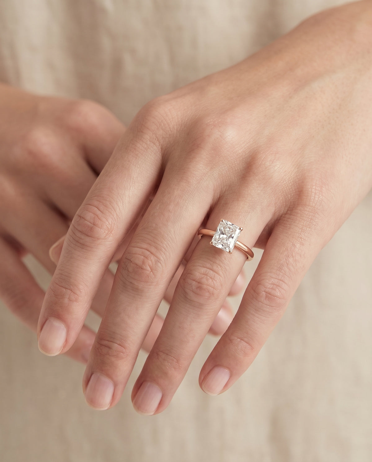 The Gladys Pinched Cathedral Solitaire Radiant Cut Engagement Ring Setting in 14K Rose Gold