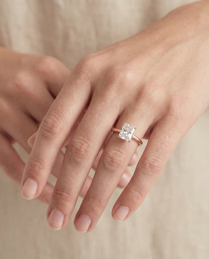 The Gladys Pinched Cathedral Solitaire Radiant Cut Engagement Ring Setting in 14K Rose Gold