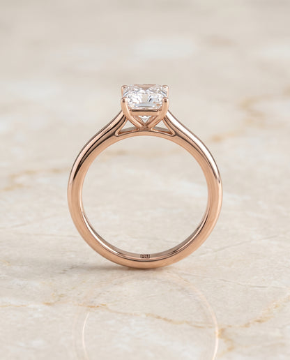 The Gladys Pinched Cathedral Solitaire Radiant Cut Engagement Ring Setting in 14K Rose Gold