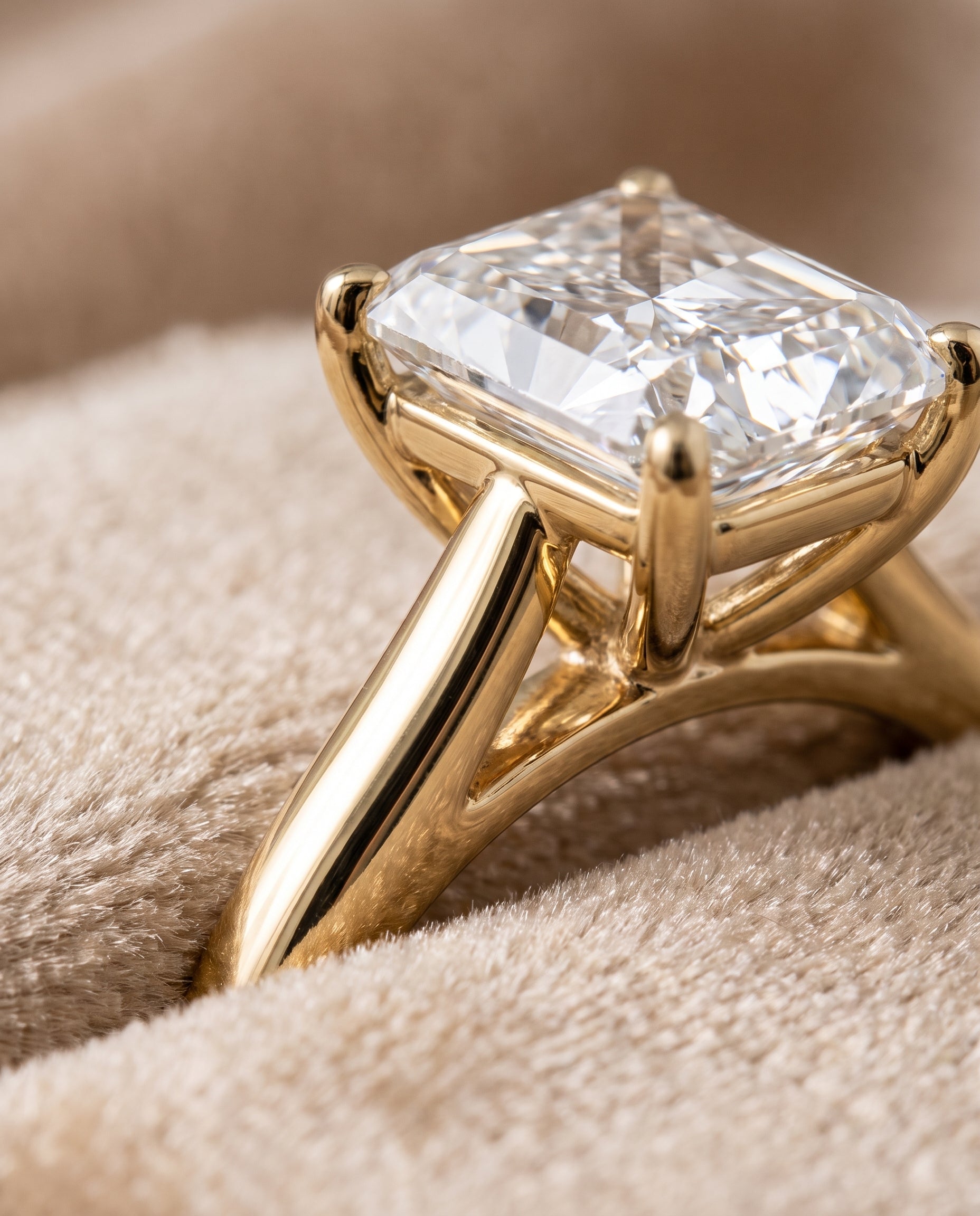 The Gladys Pinched Cathedral Solitaire Radiant Cut Engagement Ring Setting in 18K Yellow Gold