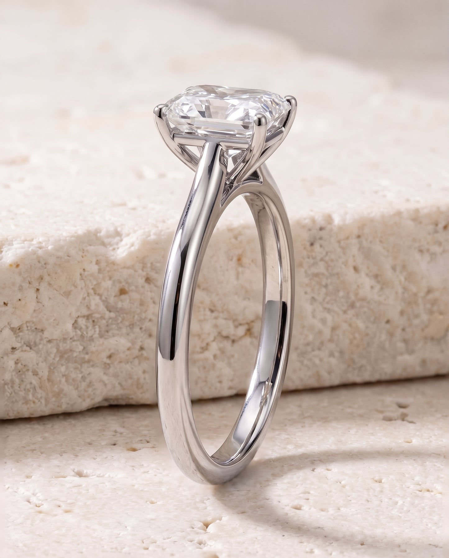 The Gladys Pinched Cathedral Solitaire Radiant Cut Engagement Ring Setting in 18K White Gold