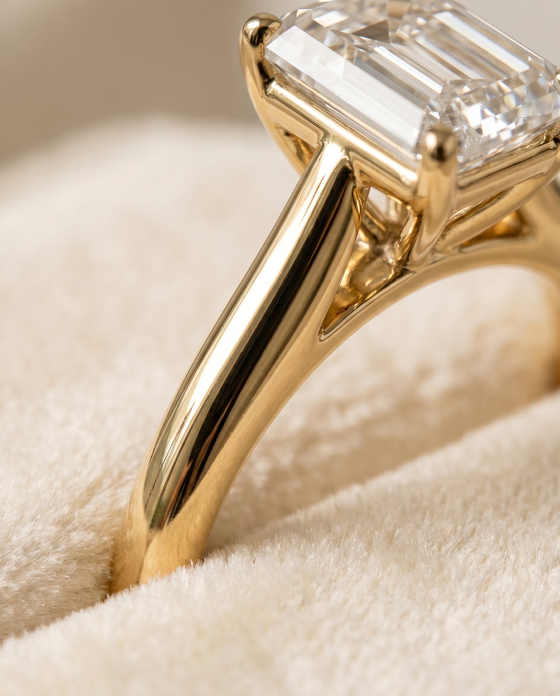 18K Yellow Gold band of The Gladys emerald engagement ring setting | RockHer