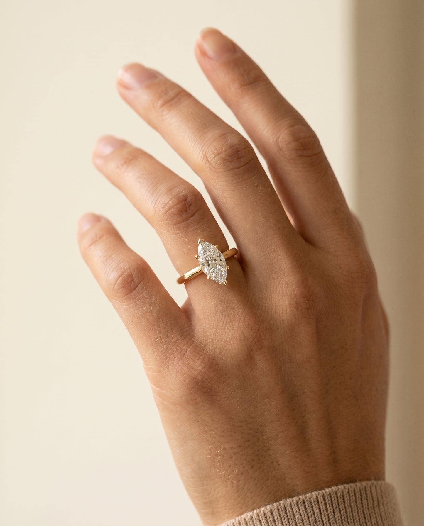The Gladys Pinched Cathedral Solitaire Marquise Engagement Ring Setting in 18K Yellow Gold
