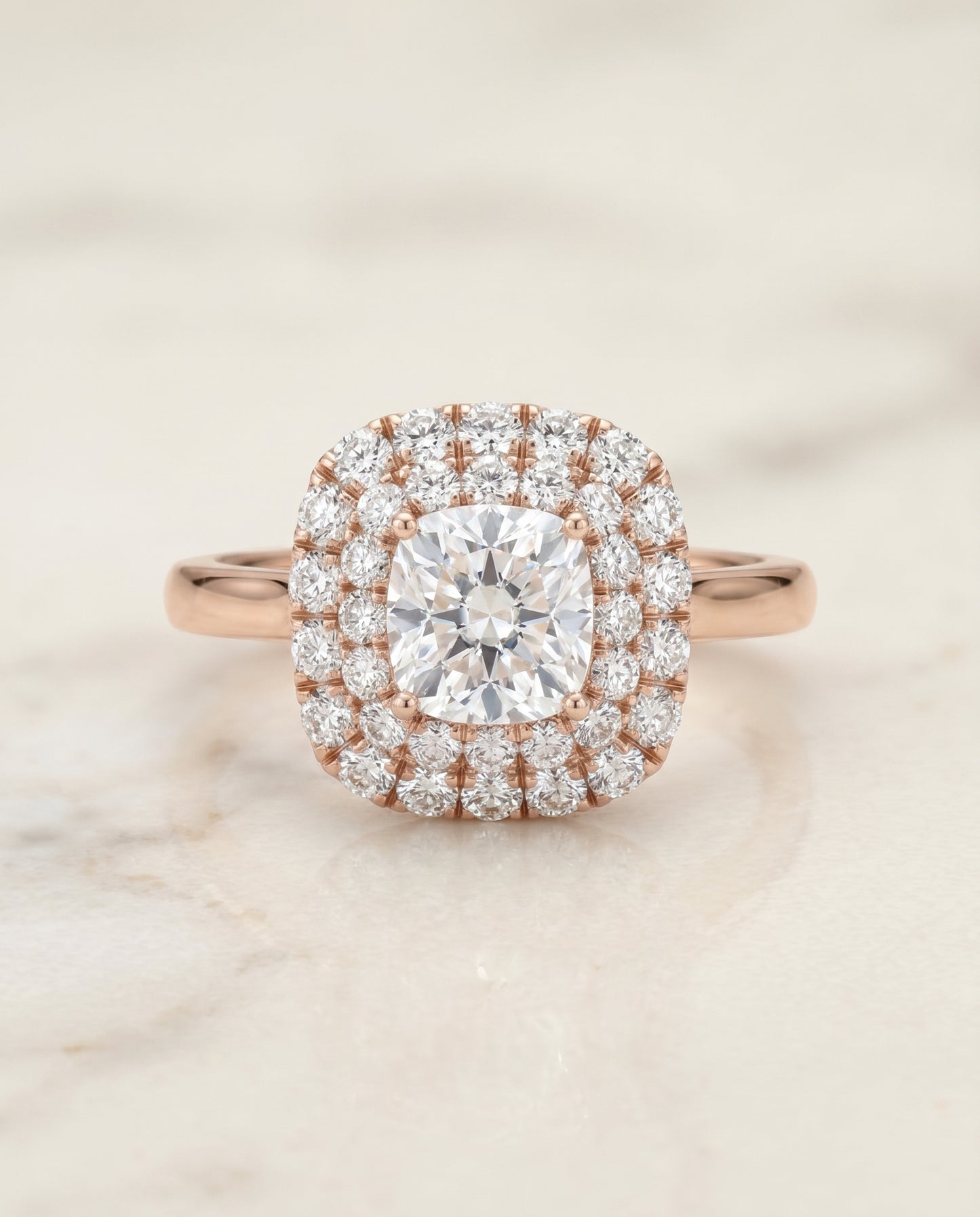 Stair Step Double Halo Cushion, in 14K Rose Gold, pave setting – angled view | RockHer