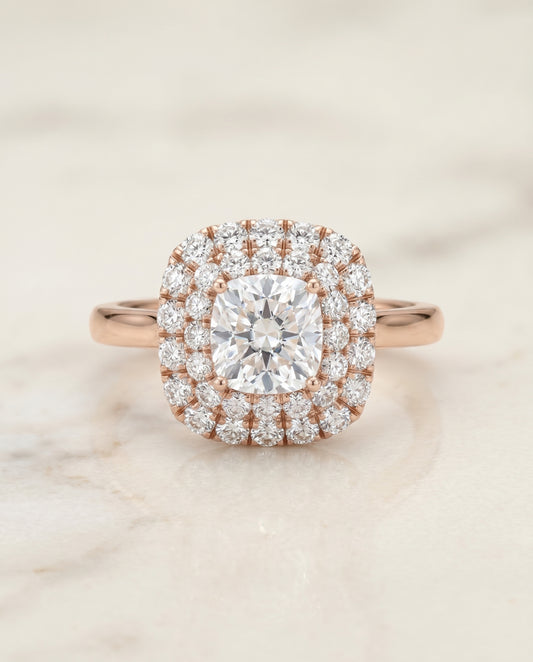 Stair Step Double Halo Cushion, in 14K Rose Gold, pave setting – angled view | RockHer