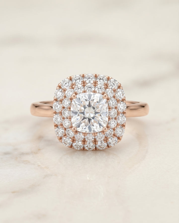 Stair Step Double Halo Cushion, in 14K Rose Gold, pave setting – angled view | RockHer