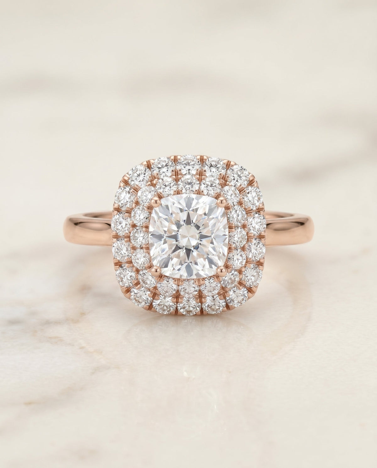Goldy Select Stair Double Halo Cushion Cut Lab Diamond Engagement Ring in 14K Rose Gold, alternate angle | RockHer
