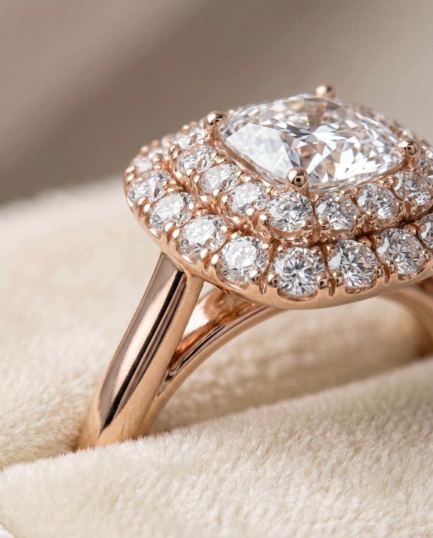 Stair Step Double Halo Cushion, in 14K Rose Gold, pave setting – detail view | RockHer