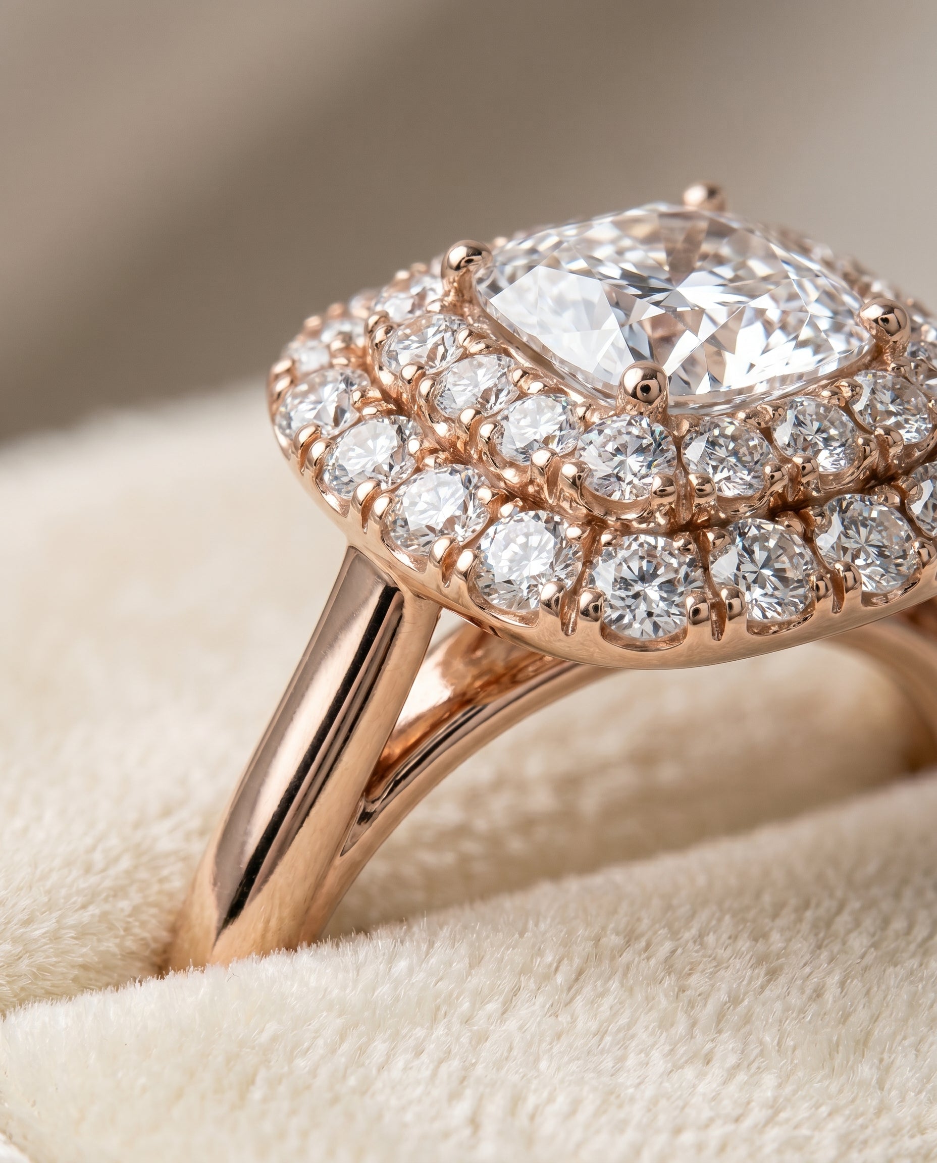 Goldy Select Stair Double Halo Cushion Cut Lab Diamond Engagement Ring in 14K Rose Gold, detail view | RockHer