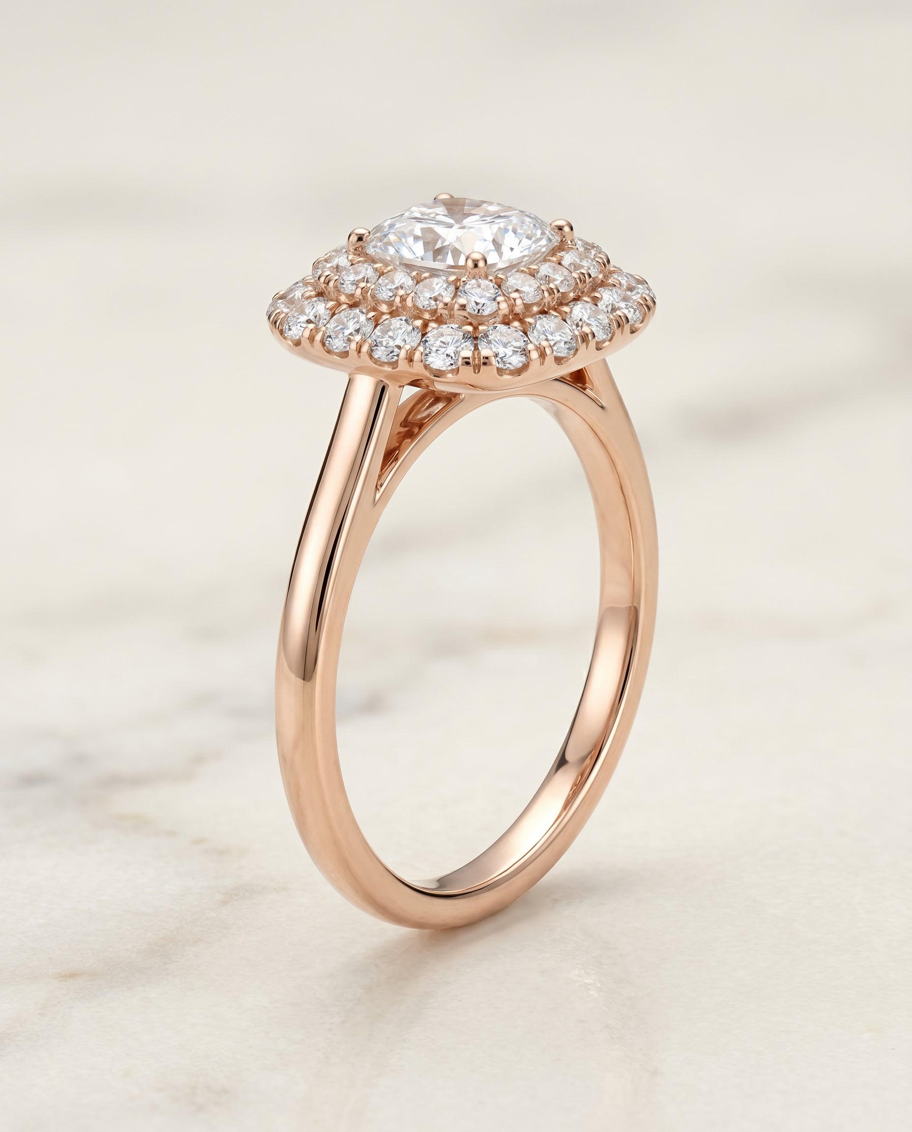 Stair Double Halo Cut styling on The Goldy cushion engagement ring setting | RockHer