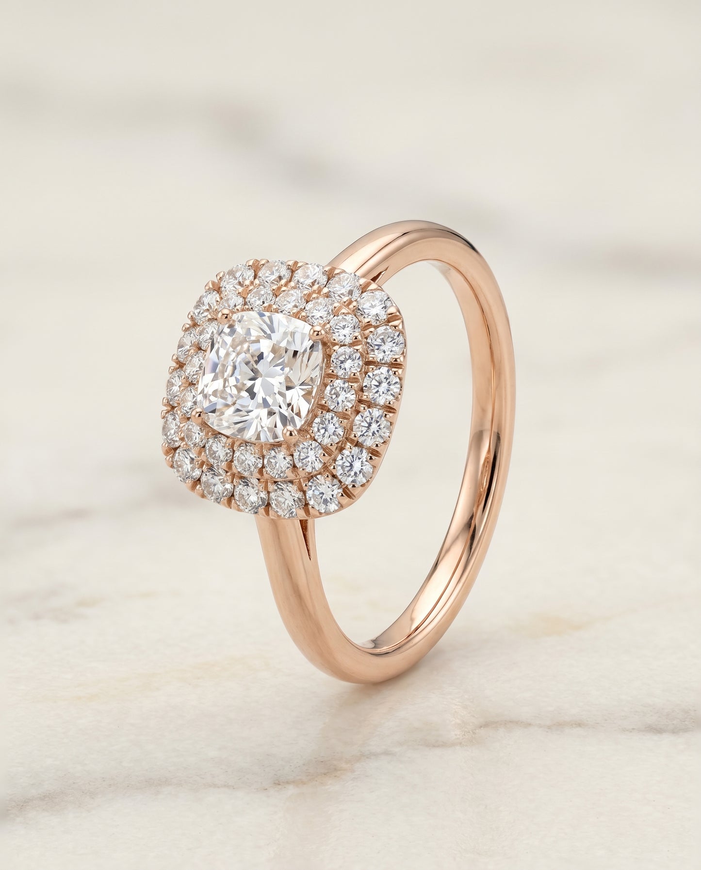 Stair Step Double Halo Cushion, in 14K Rose Gold, pave setting – front view | RockHer